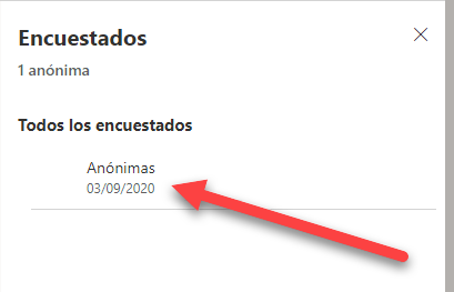 En el cuadro de diálogo Encuestados, en Todos los encuestados, una flecha señala al encuestado Anónimo.