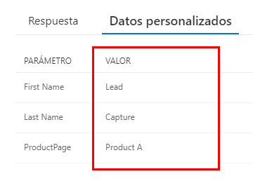 La pestaña Datos personalizados muestra los valores transferidos: el nombre es Lead, Capture y ProductPage es Producto A.