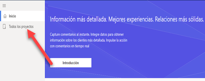 En la pestaña Inicio, una flecha señala a la pestaña Todos los proyectos del menú de navegación.