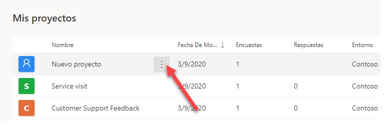 En la lista Mis proyectos, aparece seleccionado Nuevo proyecto y una flecha señala al botón de puntos suspensivos contiguo.