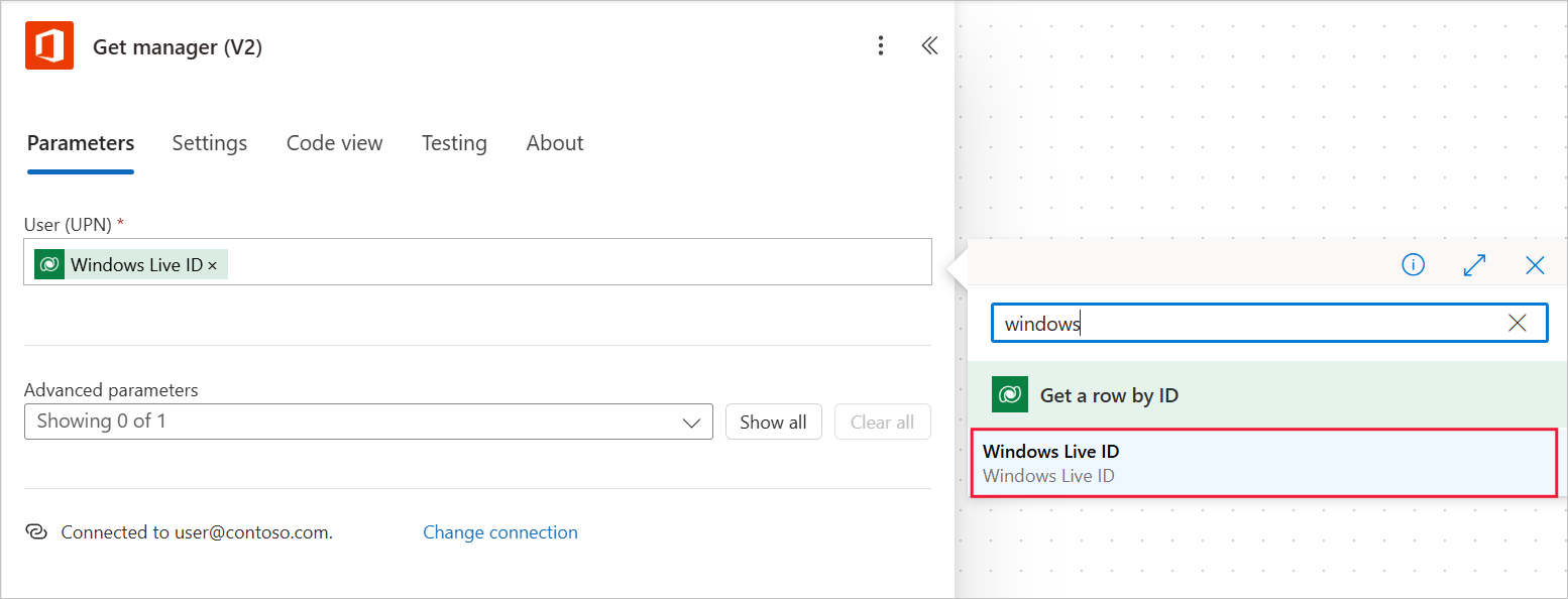 Screenshot of adding the Get manager V 2 action.