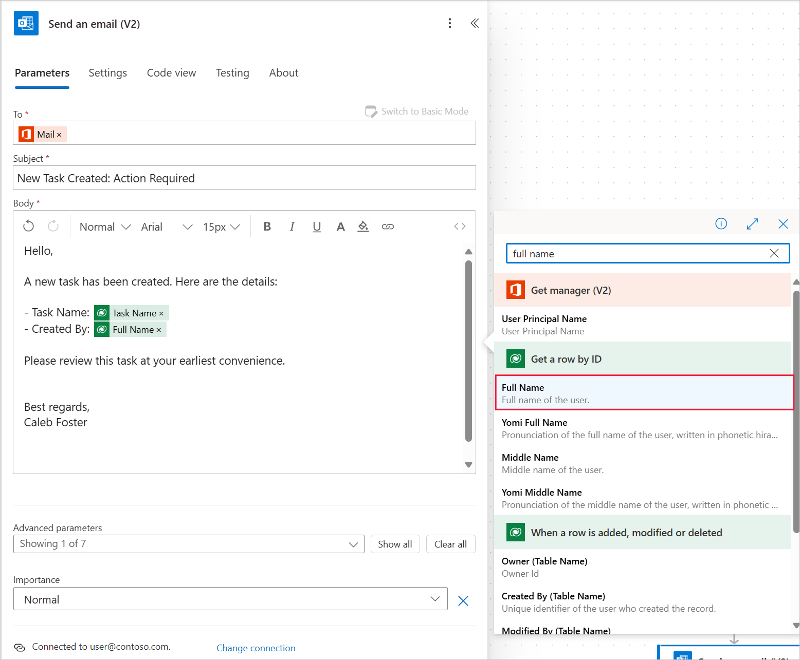 Screenshot of the Send an email V 2 action.