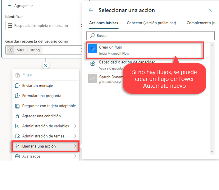 Captura de pantalla del menú de creación de un flujo