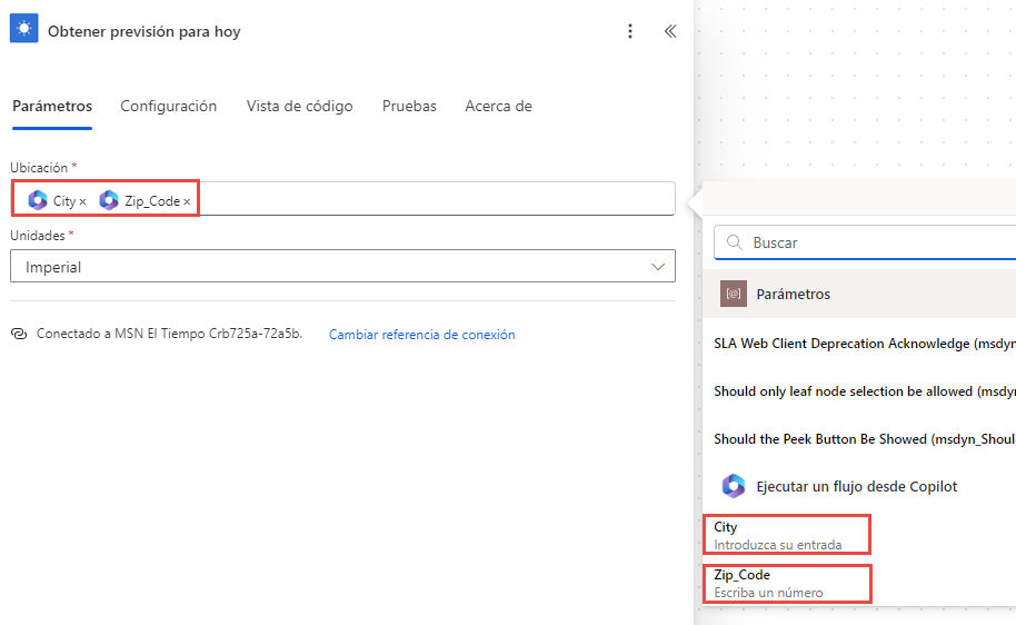 Captura de pantalla de los parámetros insertados en el paso del flujo
