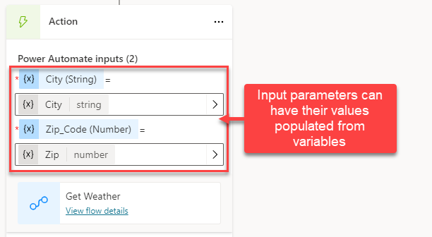 Captura de pantalla de las entradas de Power Automate
