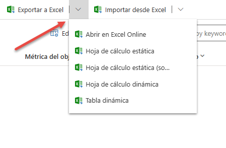 Captura de la pantalla Exportar a Excel Online.
