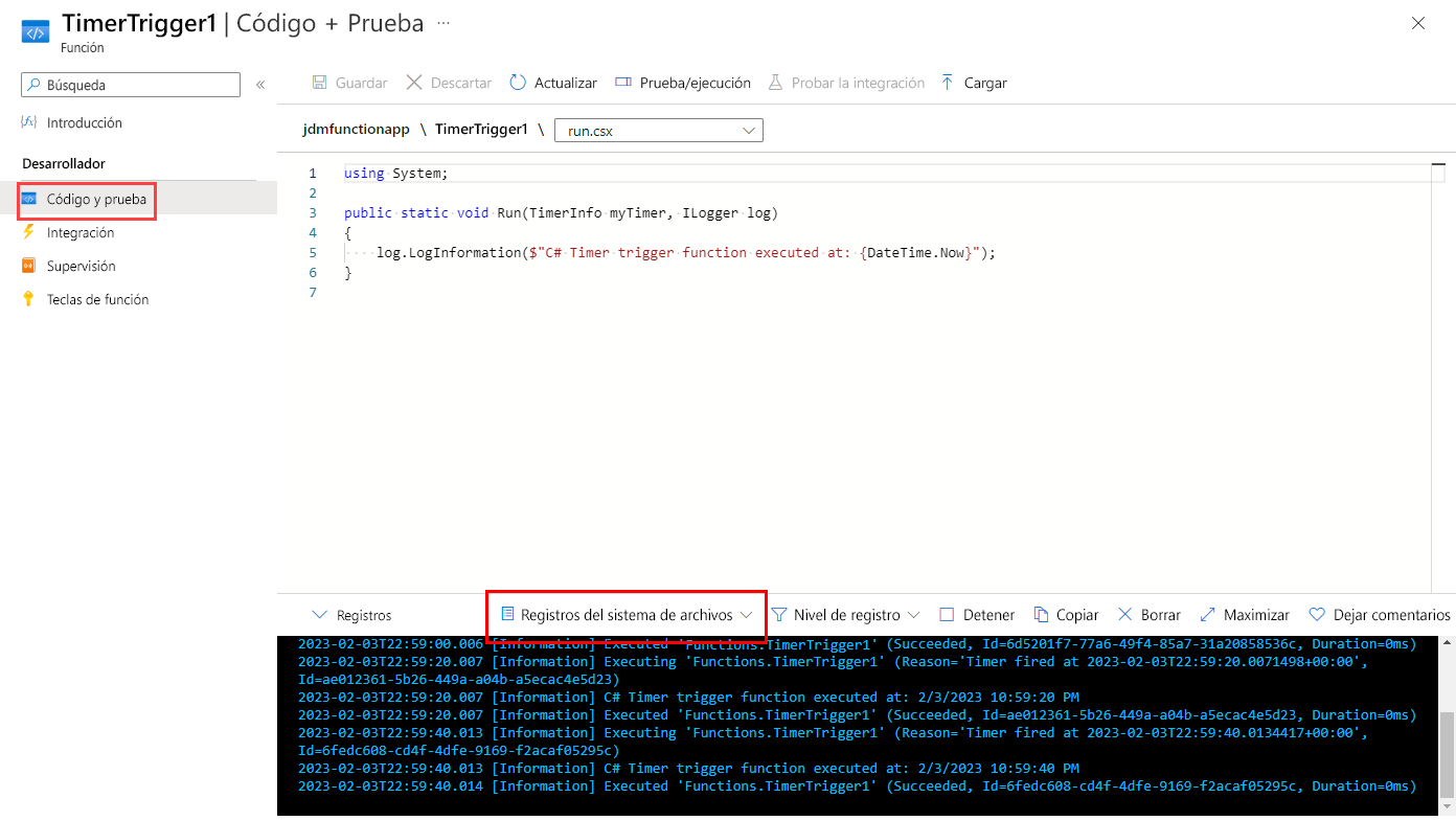 Captura de pantalla que muestra el panel Código y prueba de la función con el registro del sistema de archivos mostrado.