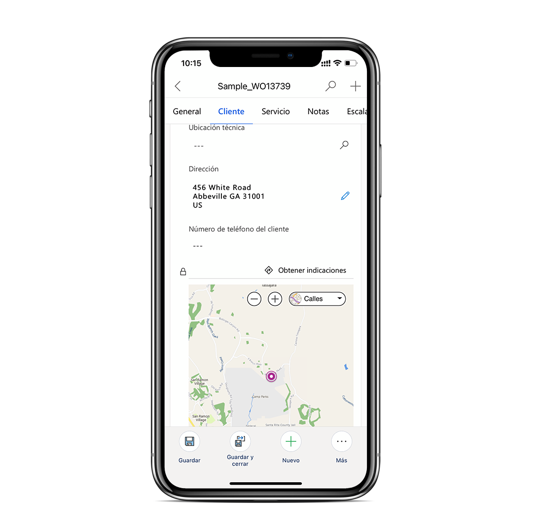 Captura de pantalla de la información de ubicación en la aplicación móvil de Dynamics 365, incluidos la dirección y el mapa