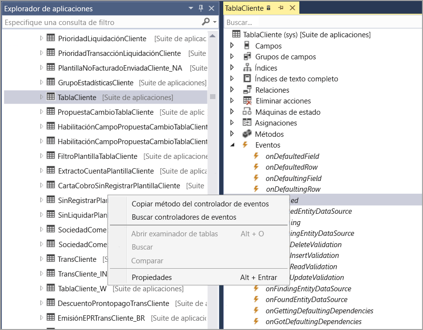 Captura de pantalla de Visual Studio que muestra cómo copiar el método del controlador de eventos desde la ventana del diseñador de tablas