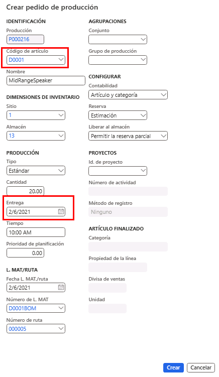 Captura de pantalla con la página Crear pedido de producción; el número de artículo y los campos de entrega están resaltados