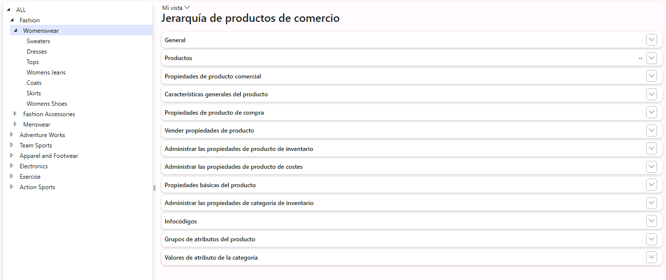 Captura de pantalla de la jerarquía de productos de Commerce.