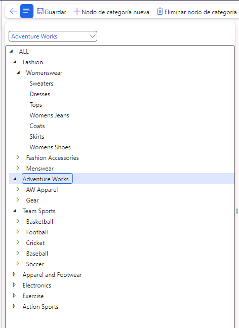 Captura de pantalla de la jerarquía de categorías que incluye las opciones Nodo de categoría nueva y Eliminar nodo de categoría.