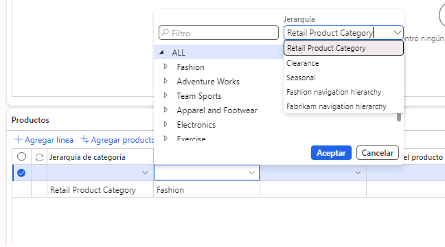 Captura de pantalla de la selección de una nueva categoría de productos minoristas.
