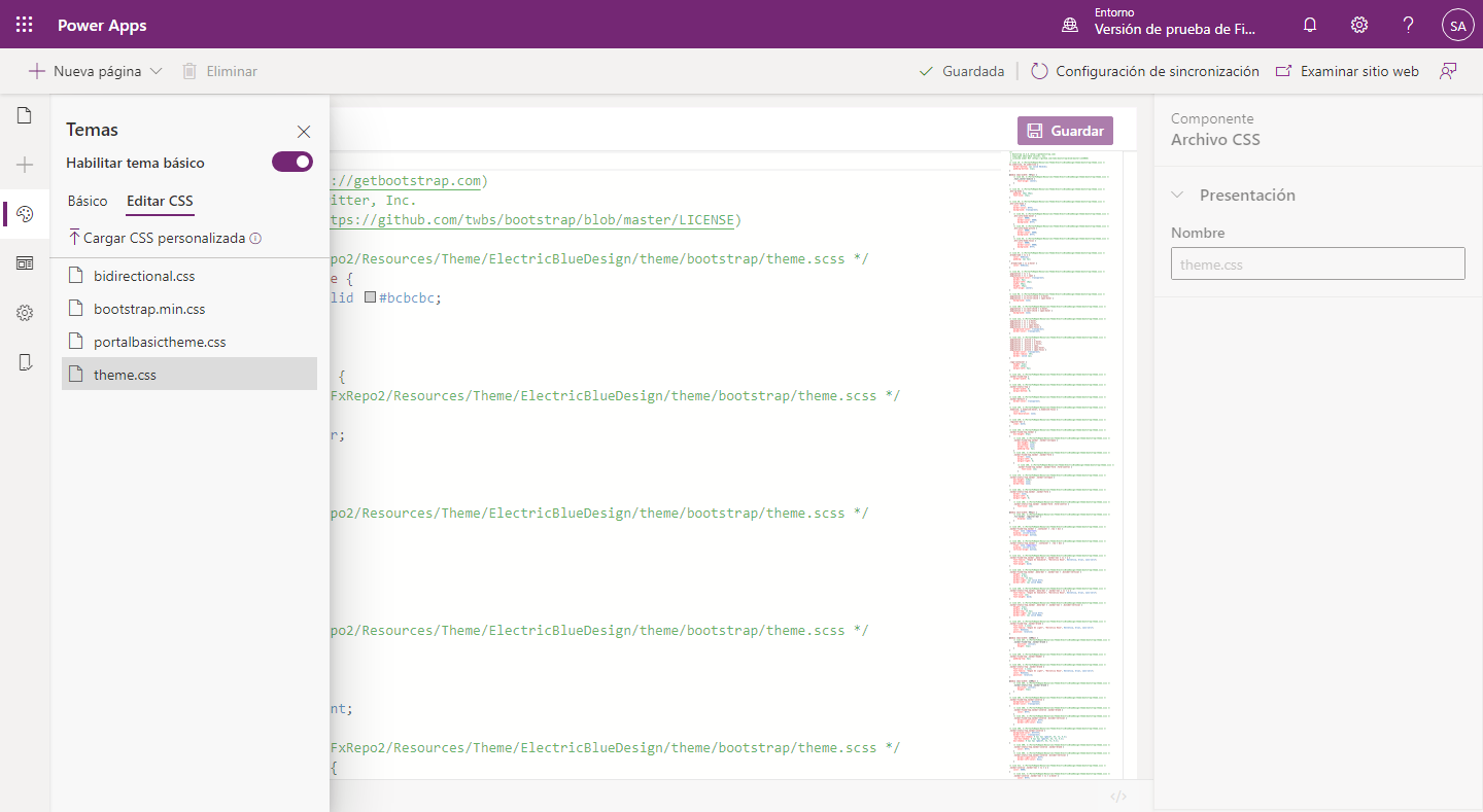 Captura de pantalla de las opciones de edición de temas del cinturón de herramientas para el código de CSS