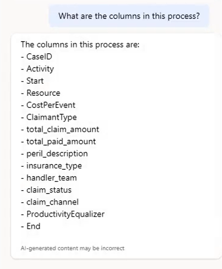 Captura de pantalla de Copilot en las que se identifican las columnas en un proceso
