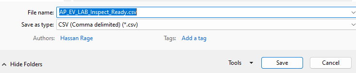 Captura de pantalla del archivo que se guarda como CSV