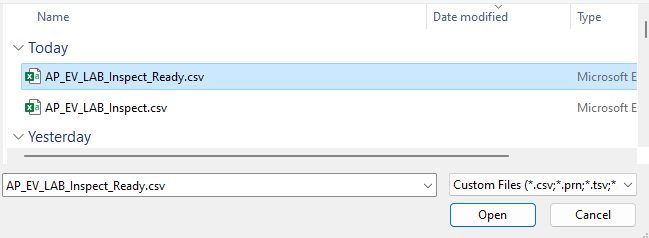 Captura de pantalla del archivo CSV seleccionado y del botón Abrir