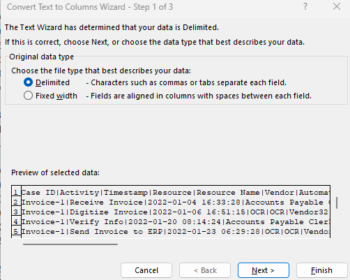 Captura de pantalla del paso 1 del Asistente para convertir texto en columnas