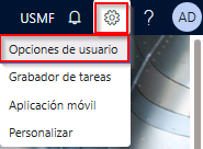 Captura de pantalla en la que se muestra el icono Configuración y la lista desplegable Opciones de usuario