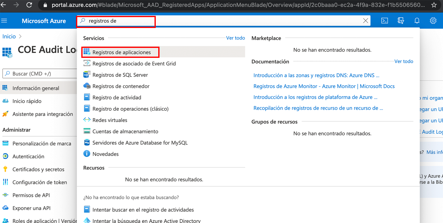 Captura de pantalla con la selección de Registros de aplicaciones en Microsoft Entra ID