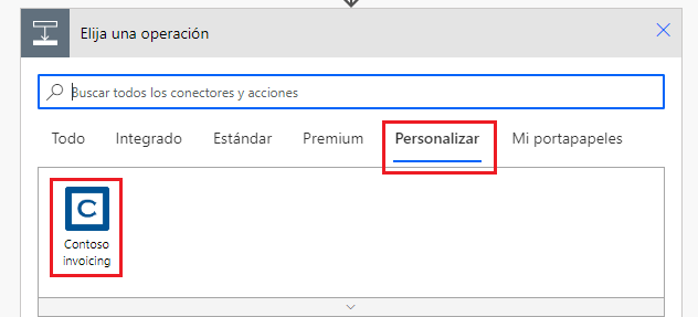 Captura de pantalla de una flecha que apunta al conector personalizado Contoso Invoicing