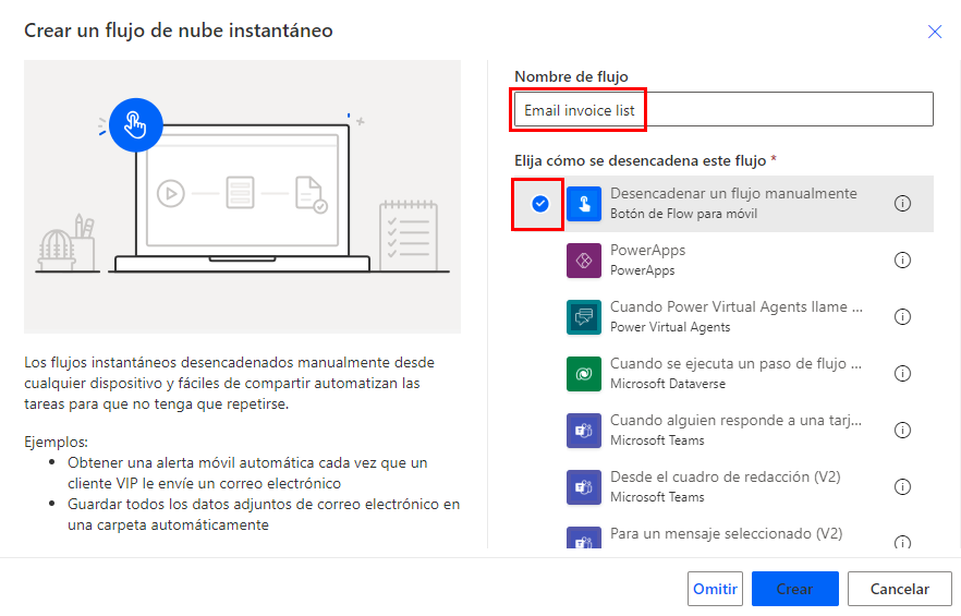 Captura de pantalla que muestra la selección del desencadenador manual para un flujo de nube