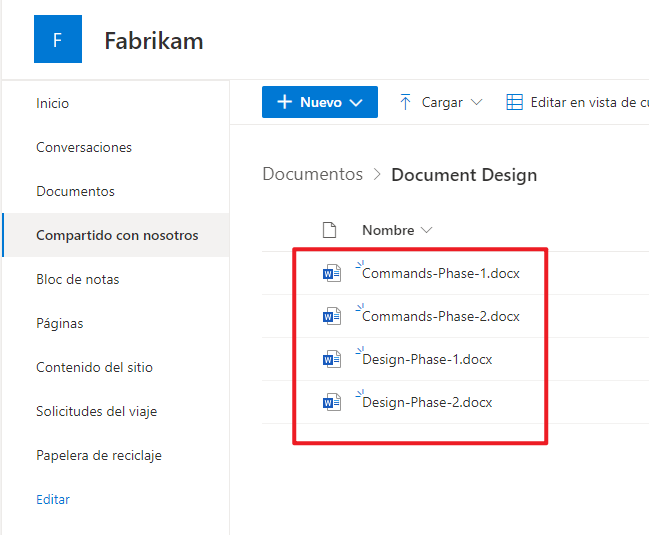 Captura de pantalla de una lista de los mismos archivos en SharePoint.