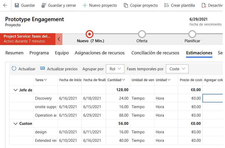 Captura de pantalla de la pestaña Estimaciones en la estructura de descomposición del trabajo.