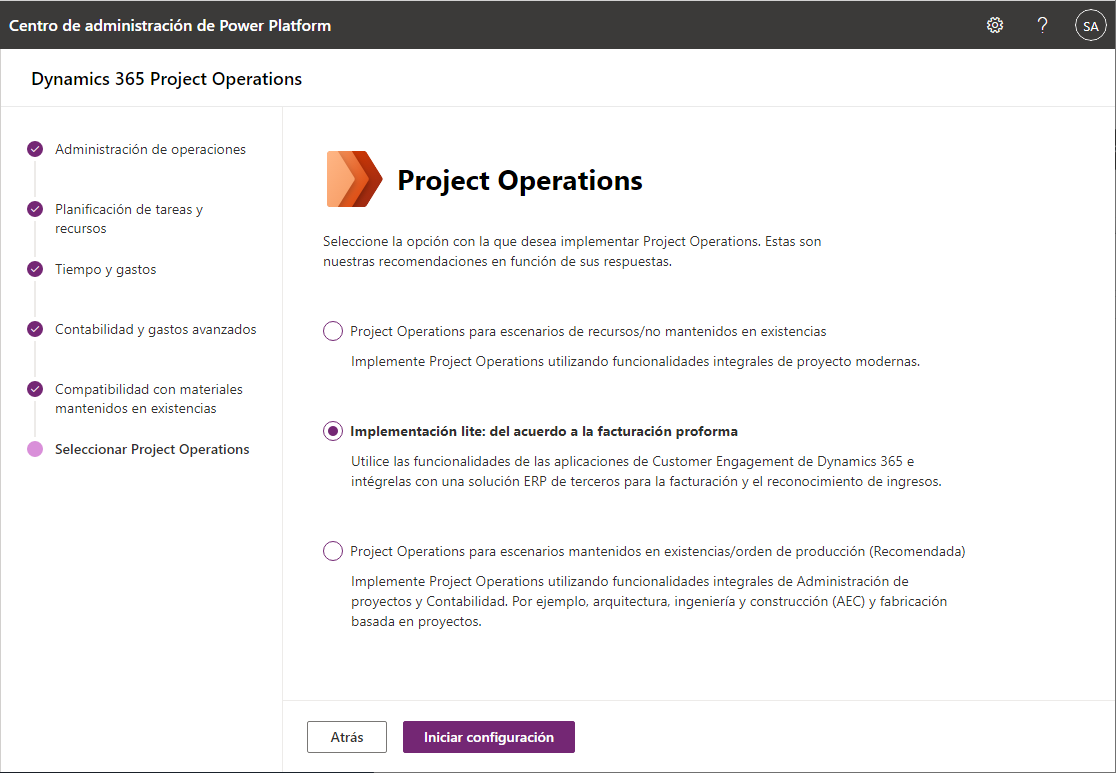 Captura de pantalla del cuestionario de Project Operations.