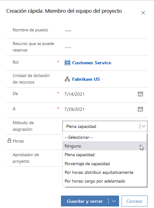 Captura de pantalla del cuadro de diálogo de creación rápida de miembro del equipo del proyecto.