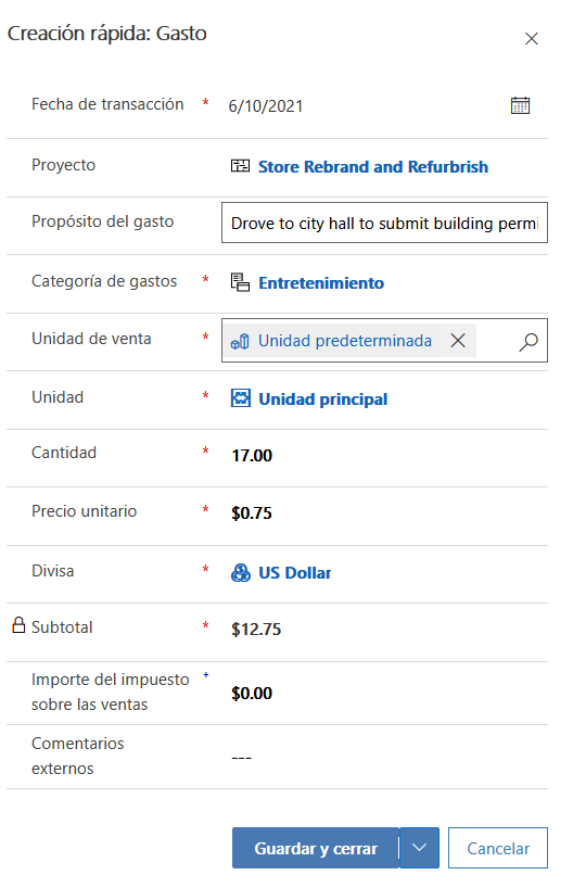 Captura de pantalla de la página Creación rápida: gastos