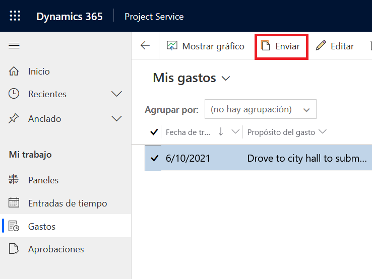 Captura de pantalla de la página Gastos donde se resalta el botón Enviar