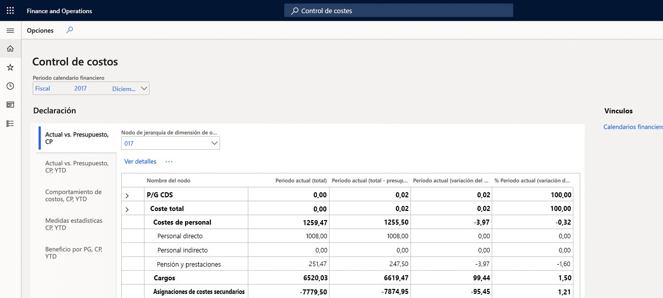 Captura de pantalla que muestra la página Control de costes