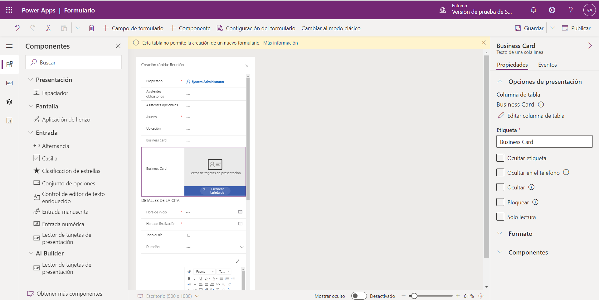 Captura de pantalla del formulario Creación rápida de cita con el componente Escanear tarjeta de presentación resaltado