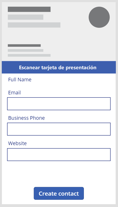 Una captura de pantalla del formulario Escanear tarjeta de presentación con los campos Nombre completo, Correo electrónico, Teléfono comercial y Sitio web y un botón Crear contacto.