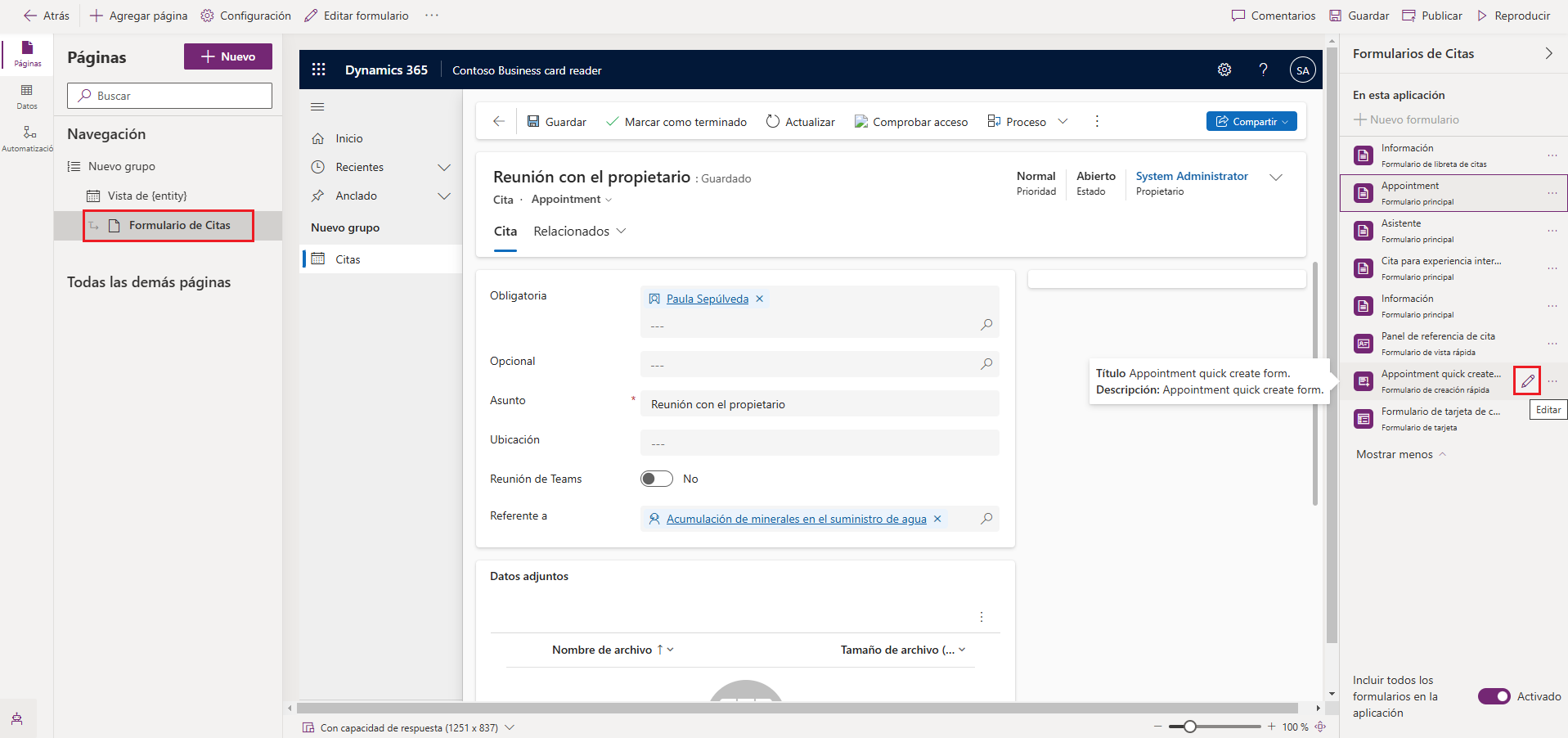 Captura de pantalla del diseñador de aplicaciones Power Apps con el Lector de tarjetas de presentación Contoso en la vista de diseño.