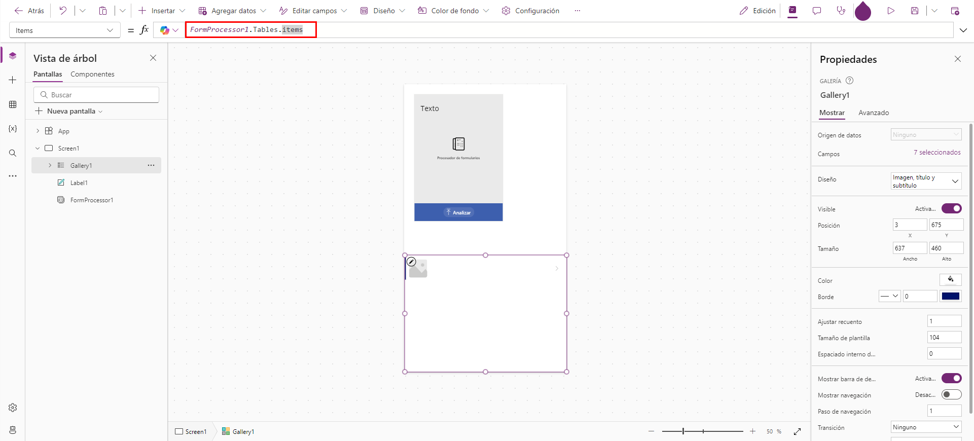 Captura de pantalla de la galería y de formprocessor1.Tables.items