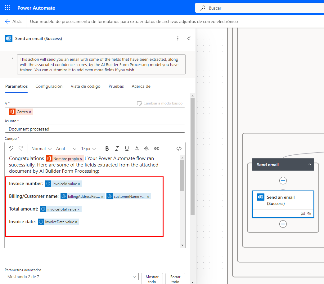 Captura de pantalla del cuerpo de un correo electrónico (éxito) con los campos que hemos añadido resaltados