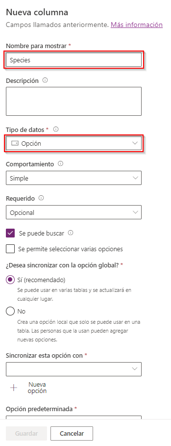 Captura de pantalla del panel Nueva columna