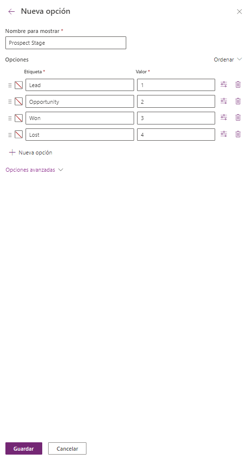 Captura de pantalla del nuevo panel de opciones, con cuatro opciones especificadas