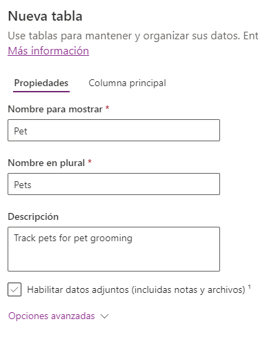 Captura de pantalla del panel Nueva tabla para mascotas.