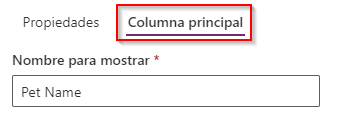 Captura de pantalla del panel Columna primaria de nueva tabla para mascotas