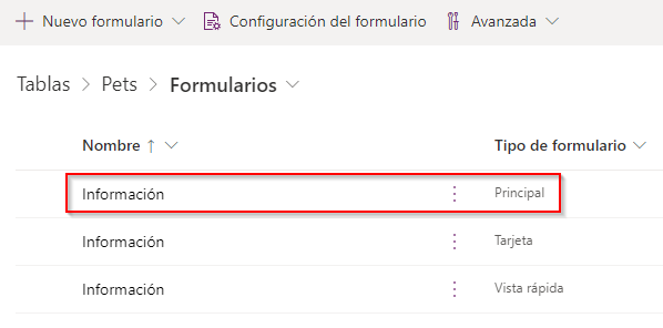 Captura de pantalla de la lista de formularios para la tabla Pet, con el formulario principal resaltado