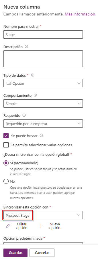 Captura de pantalla de la lista desplegable que muestra Sincronizar esta opción con las opciones y la Fase del cliente potencial resaltada