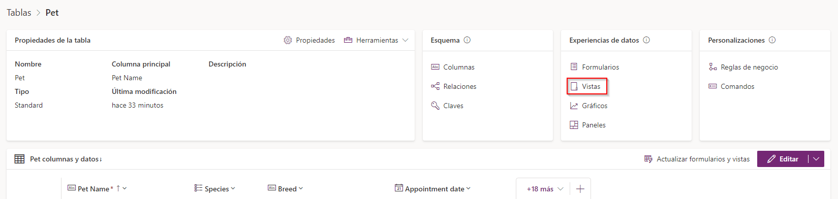 Captura de pantalla de la navegación en la tabla Pets, con Vistas resaltado
