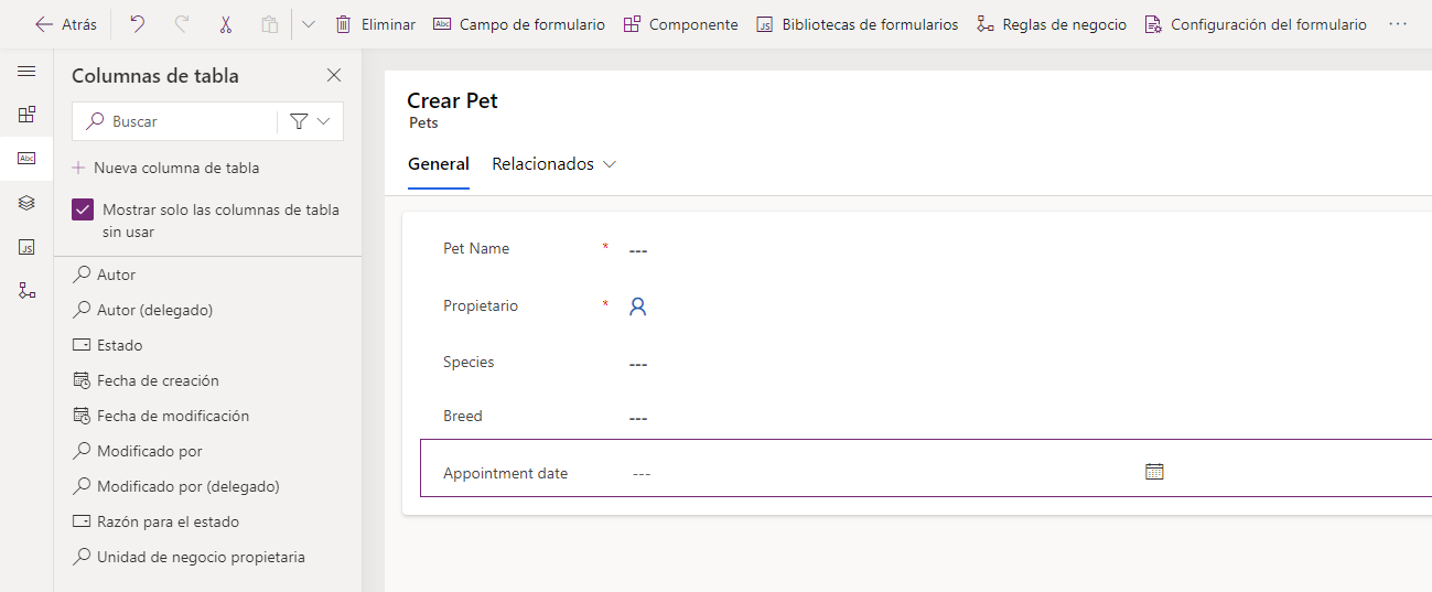 Captura de pantalla de la sección General del lienzo del formulario
