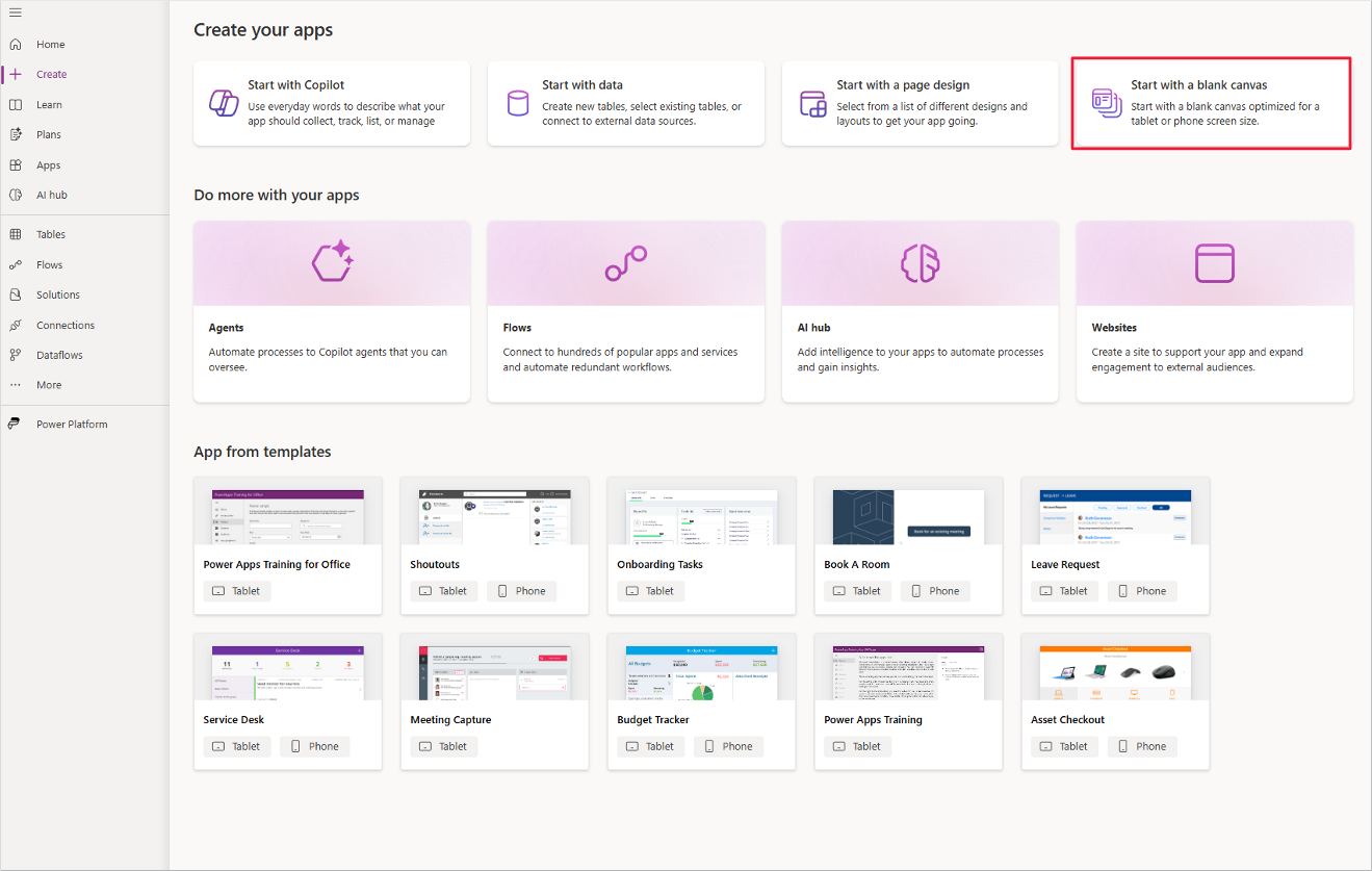 Captura de pantalla de las selecciones del menú de Power Apps, con Aplicación vacía y Crear resaltados