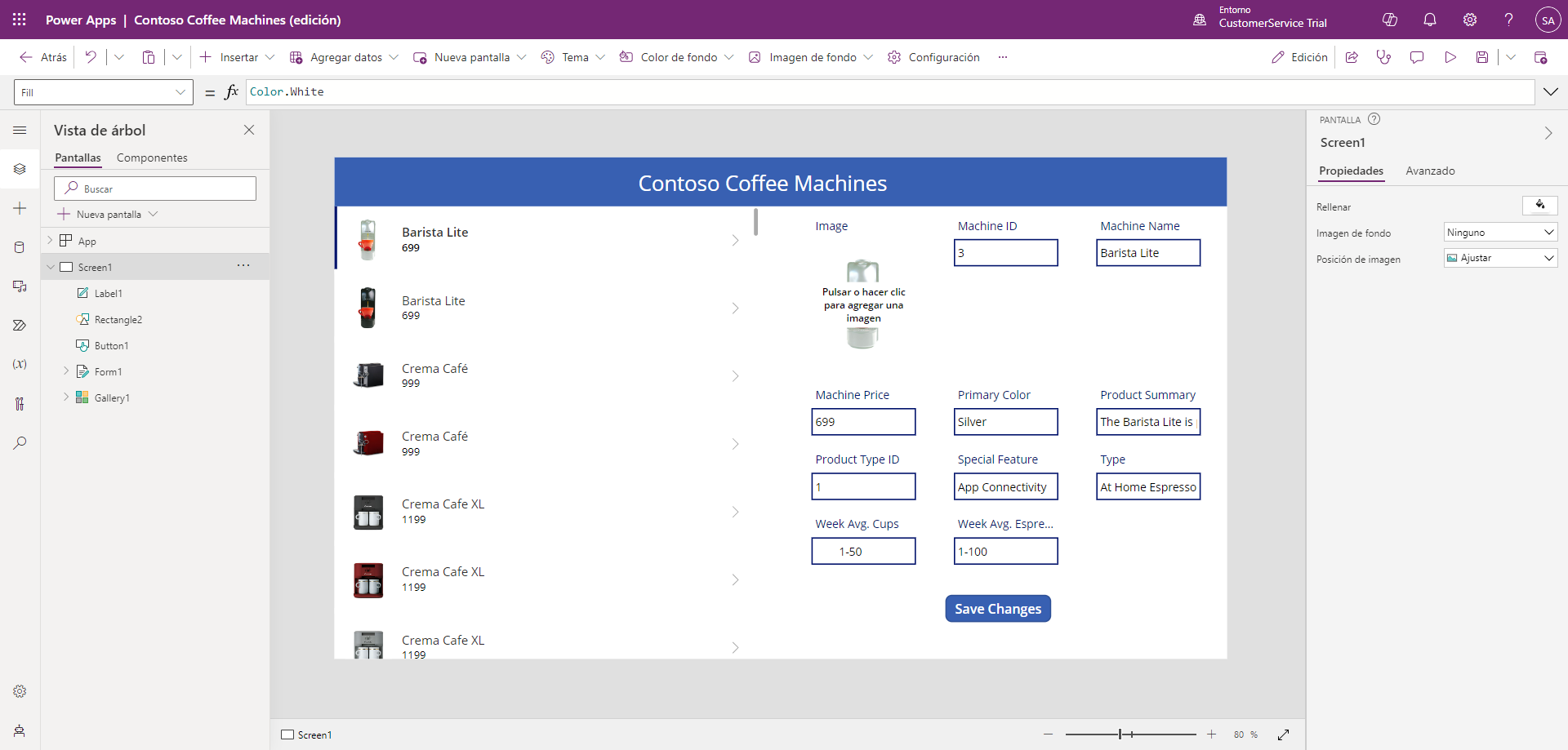 Captura de pantalla de la aplicación Contoso Coffee Machines al final del ejercicio