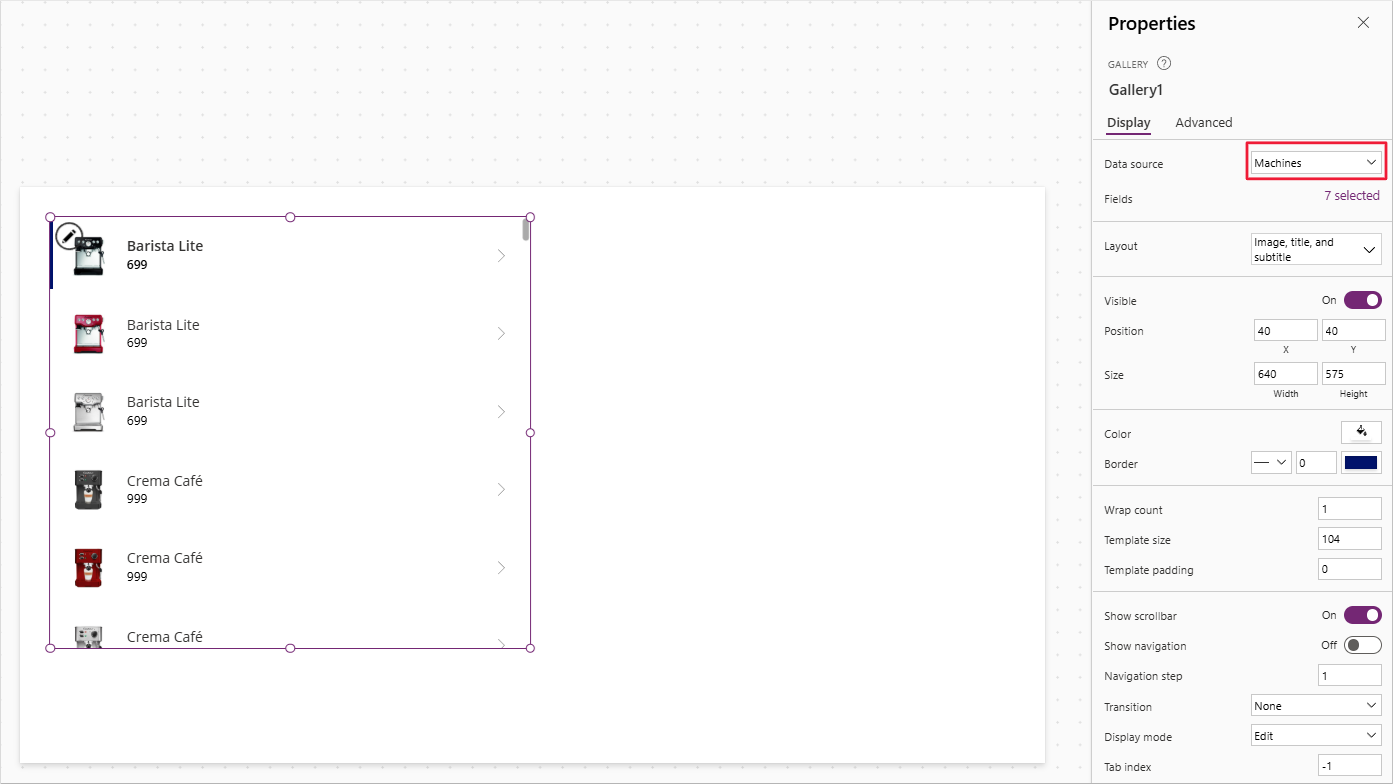 Captura de pantalla con el control Galería en la pantalla y seleccionado; en el panel Propiedades, se ha resaltado el origen de datos, que muestra la tabla CoffeeMachines