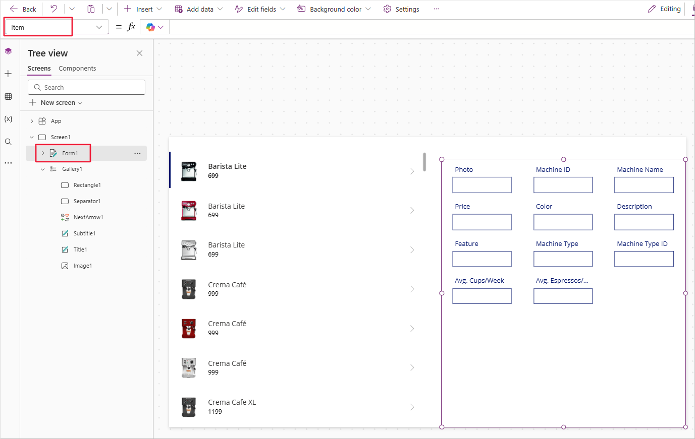 Captura de pantalla del menú desplegable de propiedades de Form1 con la propiedad Item seleccionada